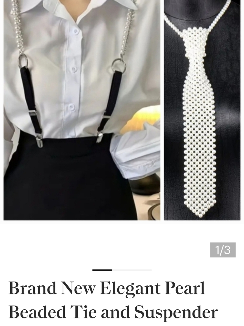 Pearl Beaded Tie and Black Pearl-Chain Bling Suspenders